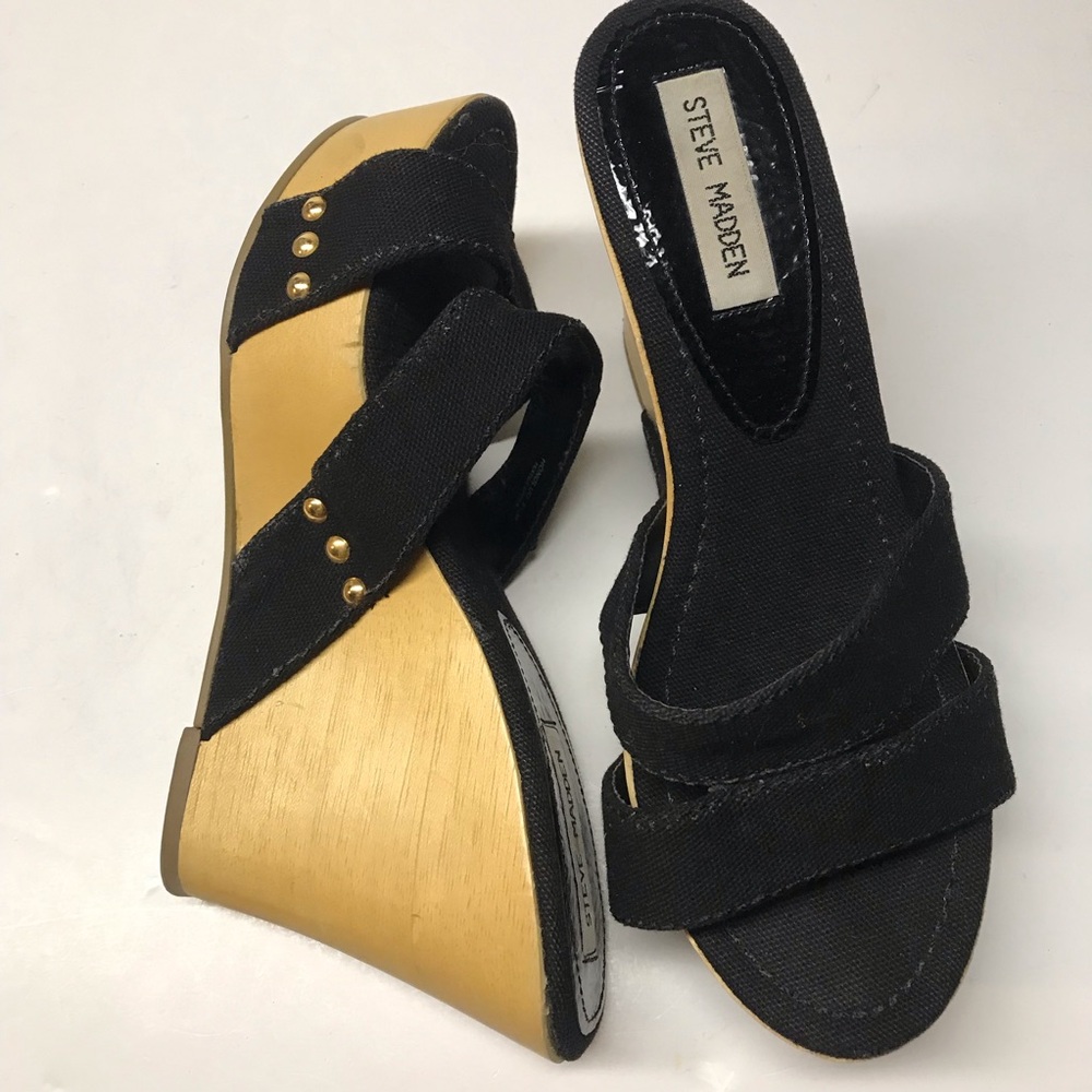 Steve Madden Black Canvas Wedge Sandals with Gold Studs